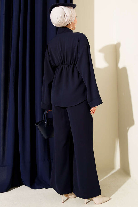 Bel Lastikli Gold Aksesuarlı İkili Takım Lacivert