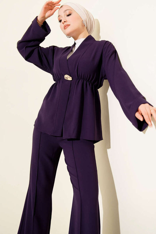 Ensemble double violet avec accessoires dorés et ceinture élastique