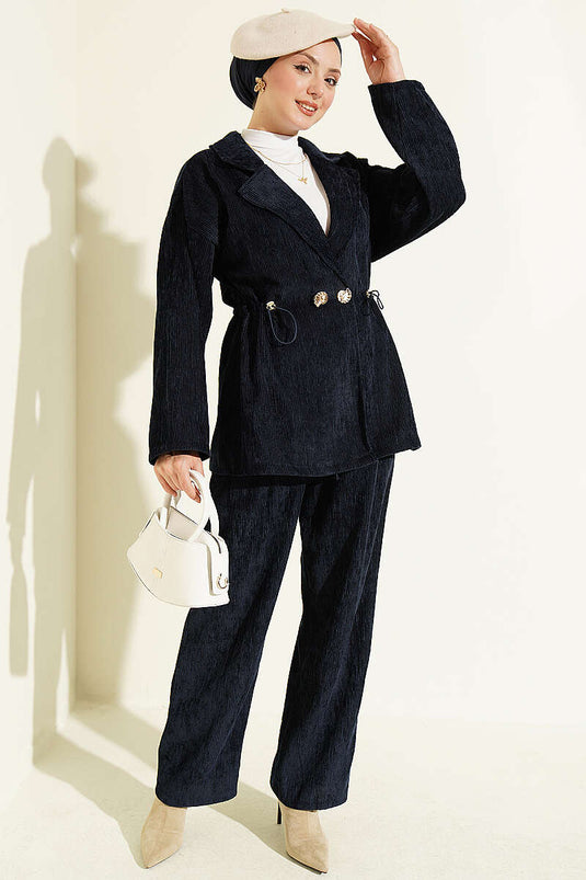 Gold Buttoned Belted Navy Two-Piece Set