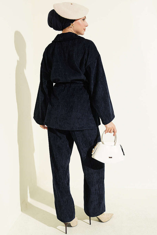 Gold Buttoned Belted Navy Two-Piece Set