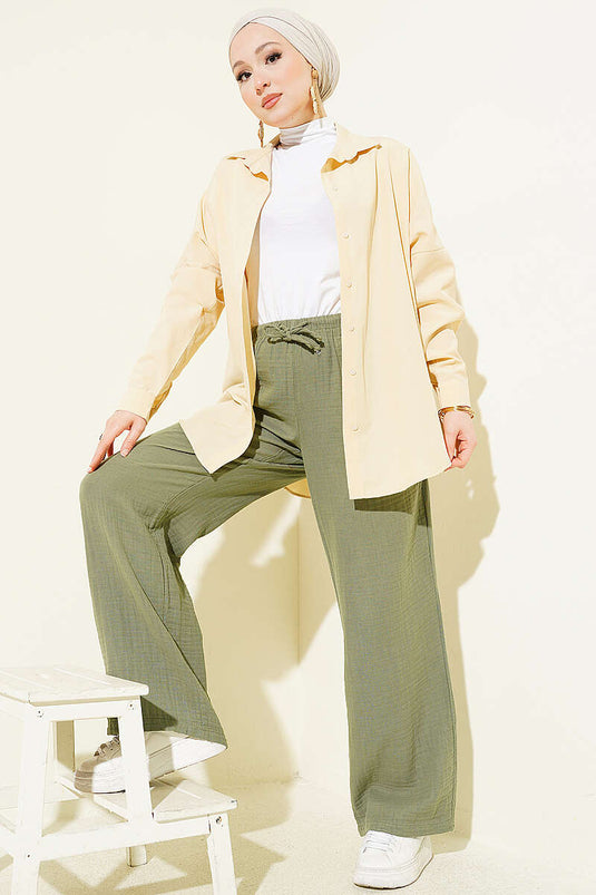 Belted Drawstring Muslin Pants Khaki