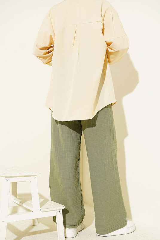 Belted Drawstring Muslin Pants Khaki