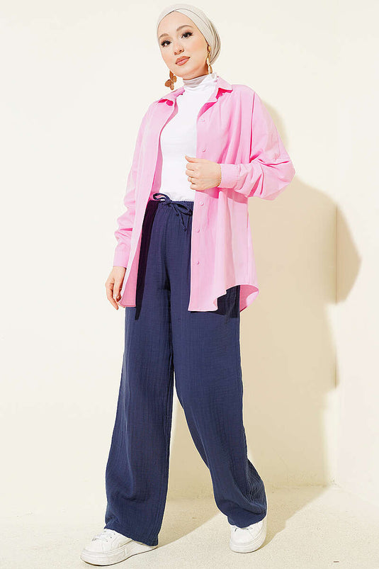 Belted Drawstring Muslin Pants Navy Blue