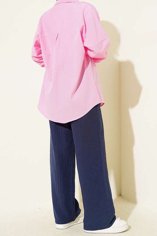 Belted Drawstring Muslin Pants Navy Blue