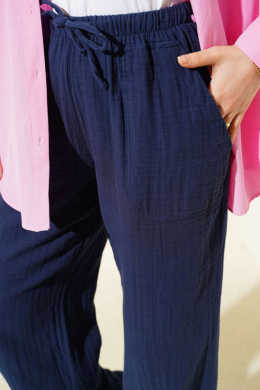 Broek van mousseline met elastische taille en trekkoord, marineblauw
