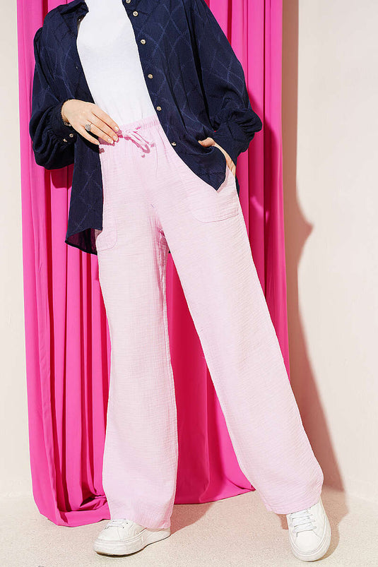 Drawstring Waist Muslin Pants Pink