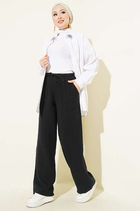 Belted Drawstring Muslin Pants Black