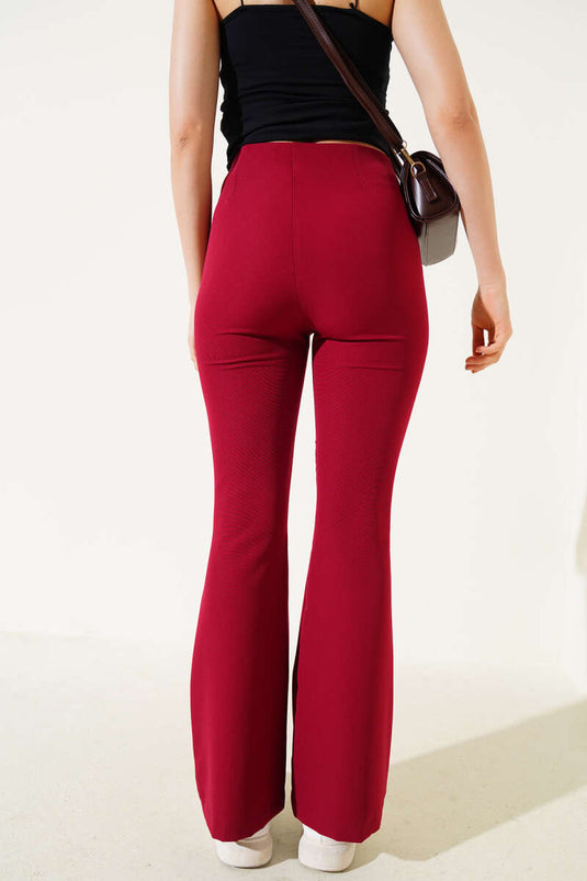 Elastic Waist Bell-bottomed Trousers in Burgundy