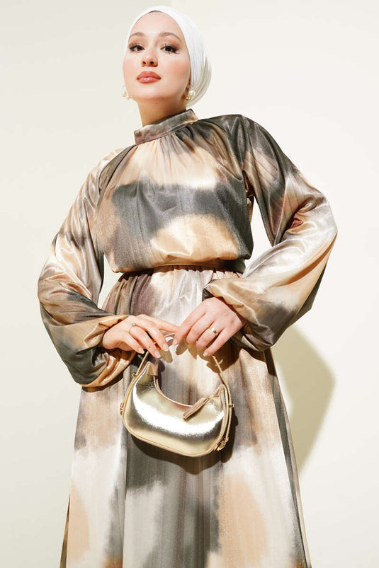 Bel Lastikli Karışık Desen Saten Elbise Hardal