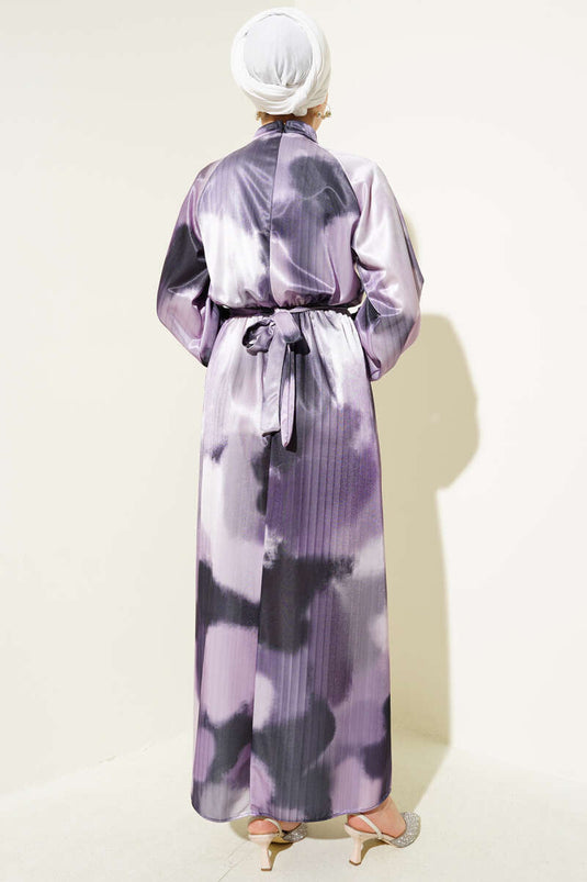 فستان ساتان بنمط مختلط وخصر مرن، لون أرجواني