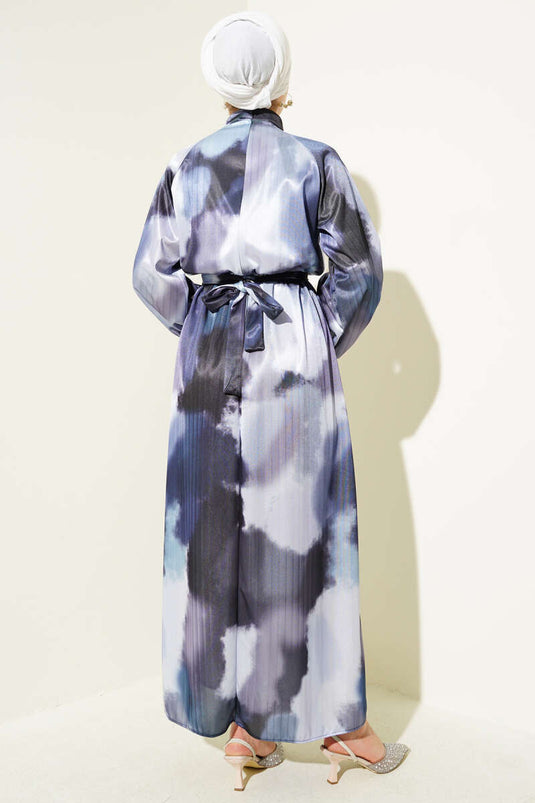 Robe en satin à motifs mixtes et taille élastique, bleue
