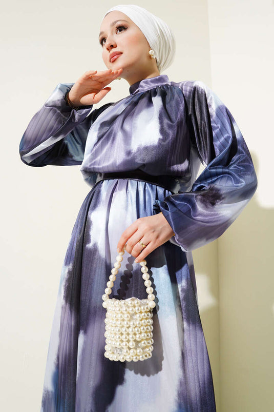 Robe en satin à motifs mixtes et taille élastique, bleue