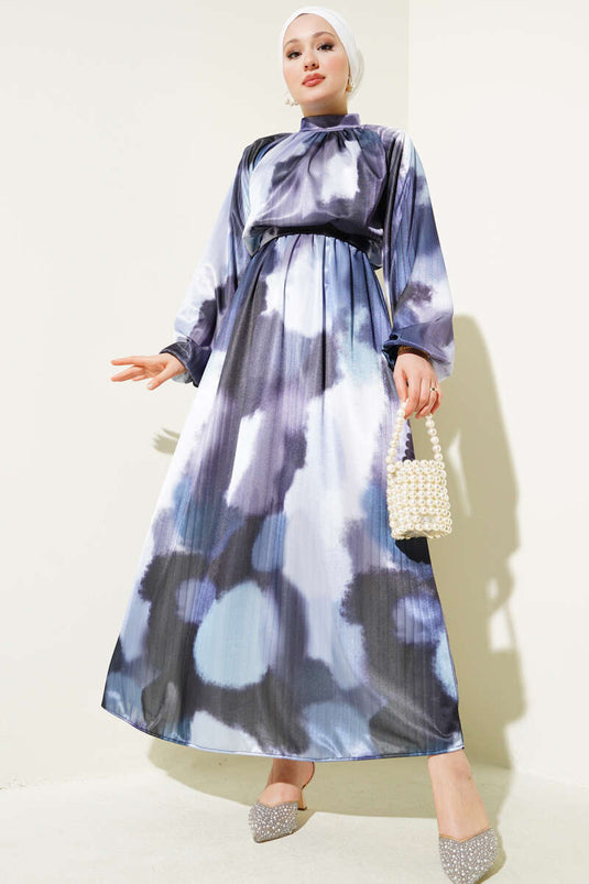 Robe en satin à motifs mixtes et taille élastique, bleue