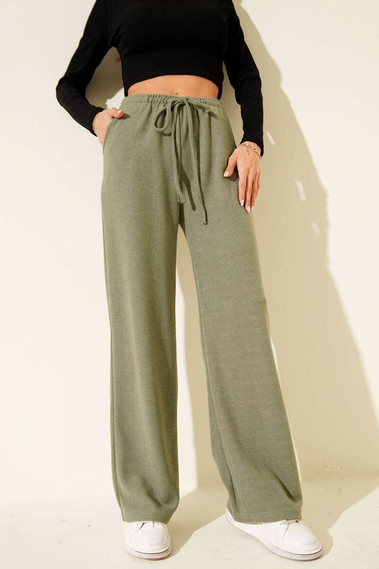 بنطلون من الكشمير بخصر مطاطي، لون أخضر زيتوني