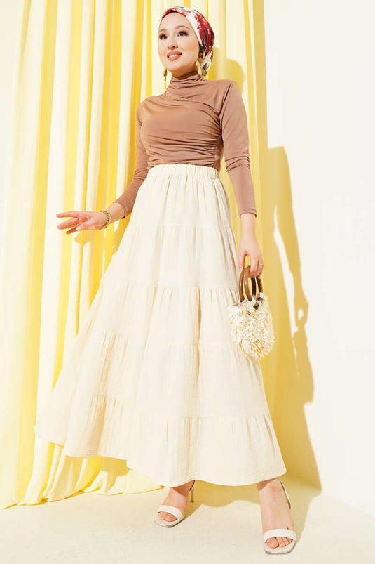 Bel Lastikli Kat Kloş Etek Bej