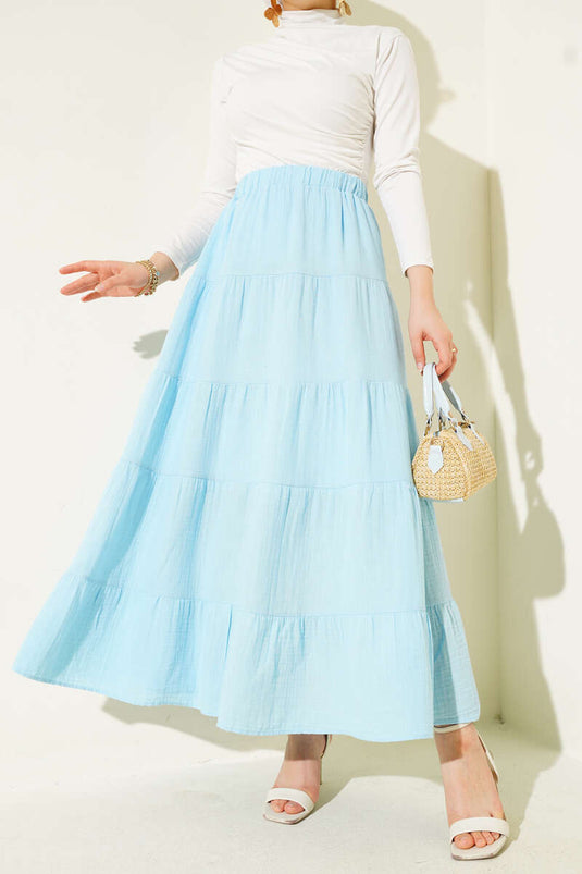 Elastic Waist Layered Flared Skirt Ice Blue