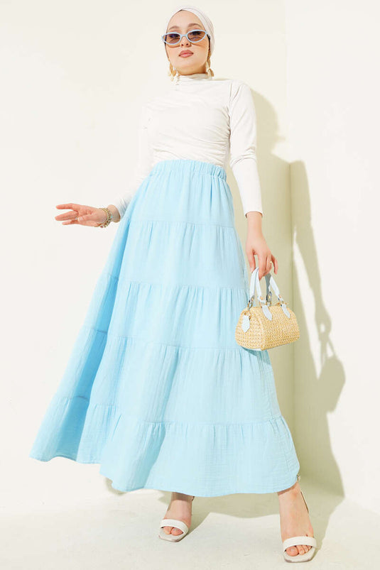 Bel Lastikli Kat Kloş Etek Buz Mavisi