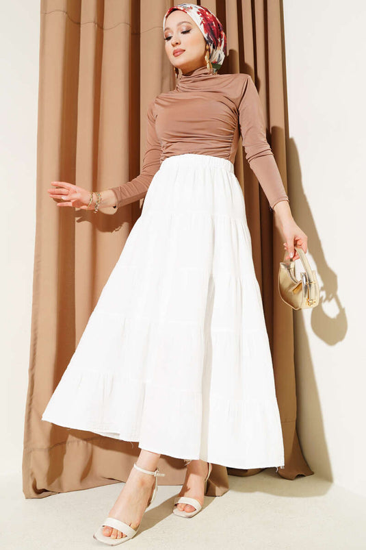 Bel Lastikli Kat Kloş Etek Ekru