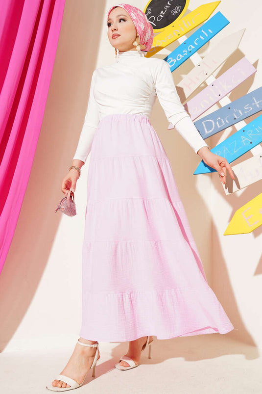 Bel Lastikli Kat Kloş Etek Pembe