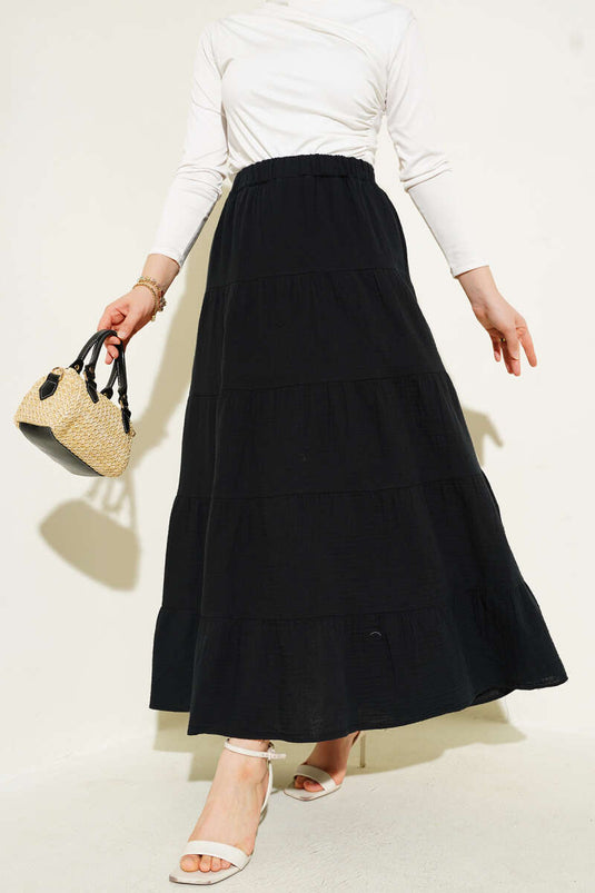 Elastic Waist Layered Flared Skirt Black