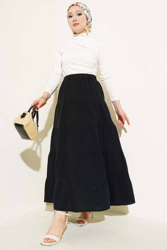 Bel Lastikli Kat Kloş Etek Siyah
