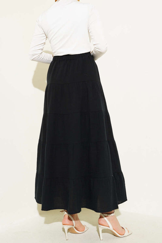 Bel Lastikli Kat Kloş Etek Siyah