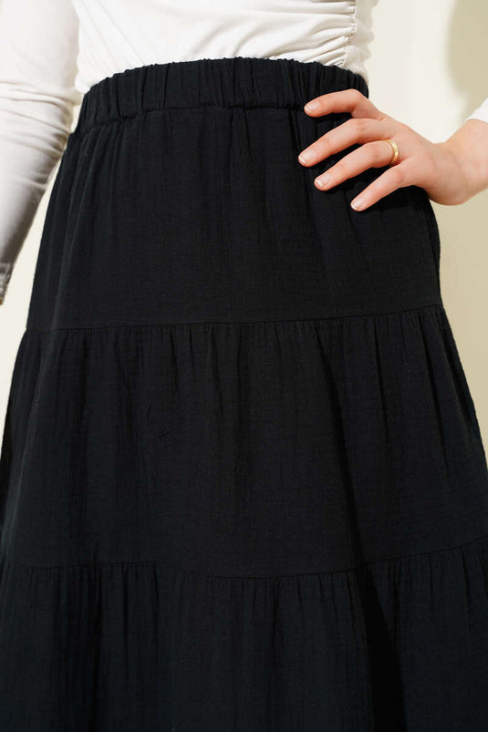 Elastic Waist Layered Flared Skirt Black