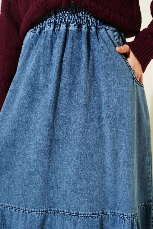 Jupe en jean à volants avec taille élastiquée, bleu denim