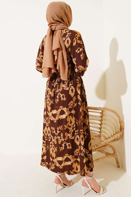 Elastic Waist Belted Crepe Dress Brown