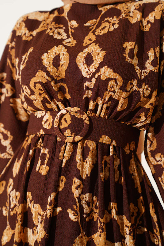 Bel Lastikli Kemerli Bürümcük Elbise Kahve