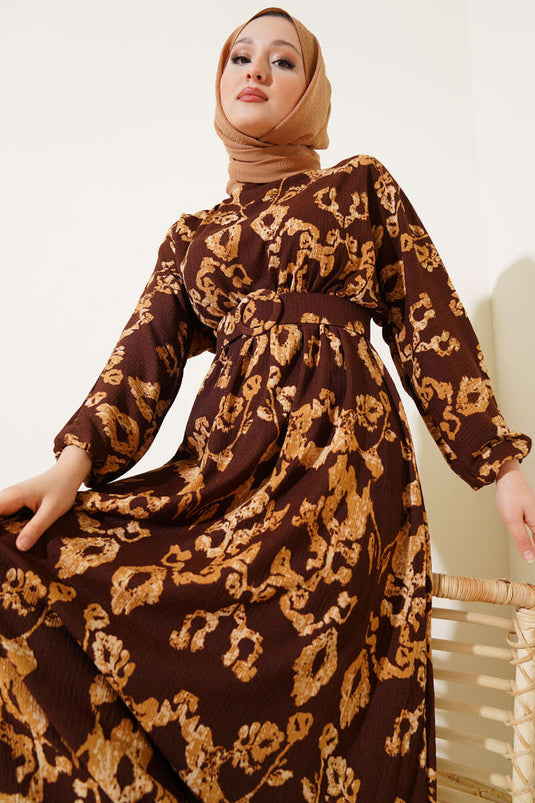 Elastic Waist Belted Crepe Dress Brown