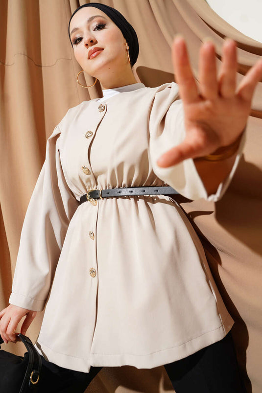 جاكيت مزدوج بحزام مطاطي بلون بيج