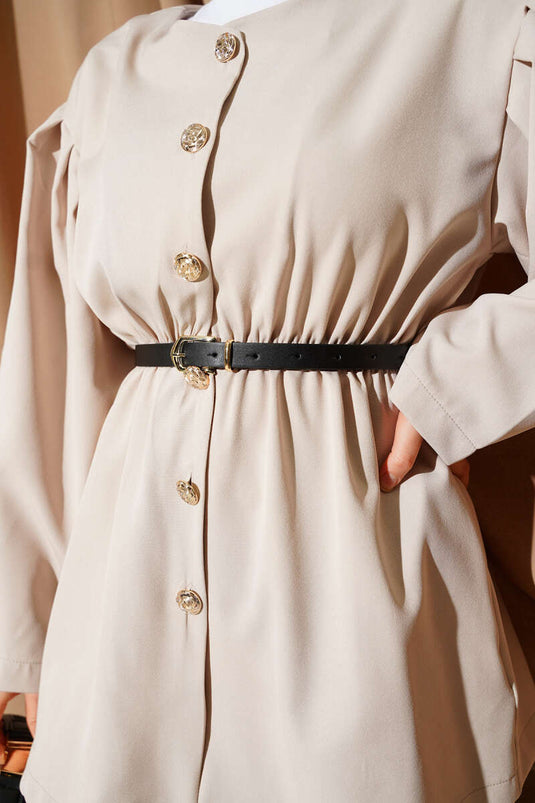 جاكيت مزدوج بحزام مطاطي بلون بيج