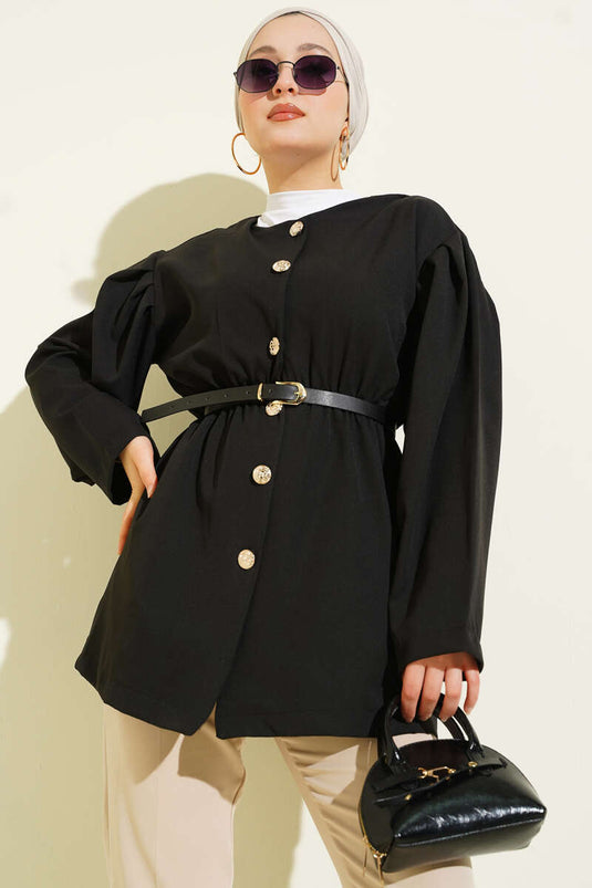 Double Jacket with Belt and Elastic Waist Black