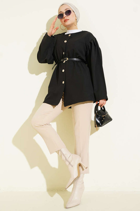 Double Jacket with Belt and Elastic Waist Black