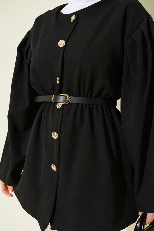 Double Jacket with Belt and Elastic Waist Black