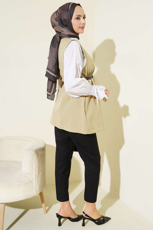 Belted Double Vest in Olive Green