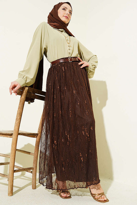 Belted Lace Skirt with Elastic Waist Brown