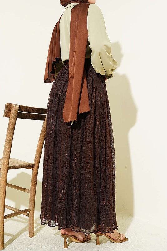 Belted Lace Skirt with Elastic Waist Brown
