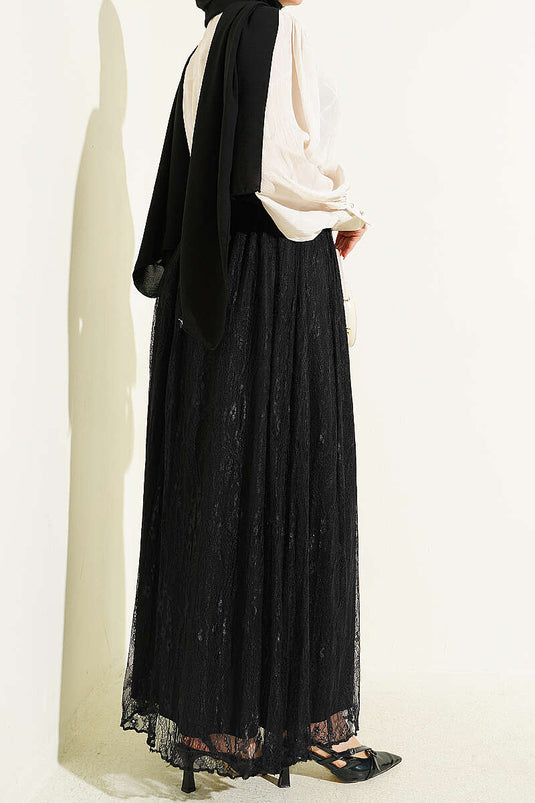 Belted Lace Skirt with Elastic Waist Black