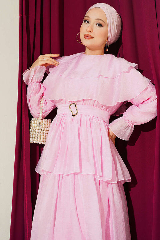 Bel Lastikli Kemerli Fırfırlı Elbise Pembe