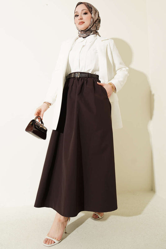 Poplin Skirt with Elastic Waist and Belt Dark Brown