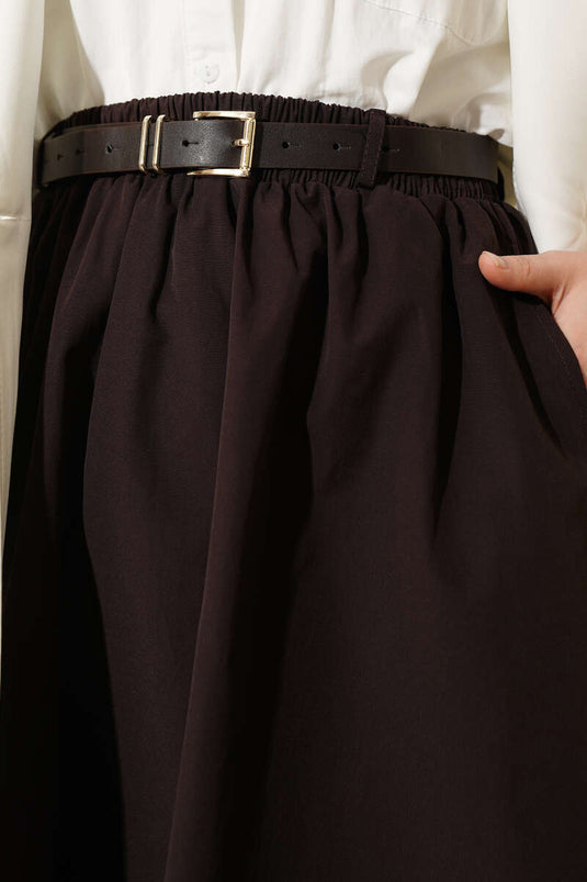 Poplin Skirt with Elastic Waist and Belt Dark Brown
