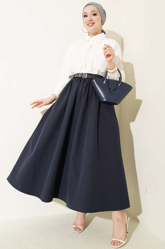 Jupe en popeline bleu marine avec ceinture élastique à la taille