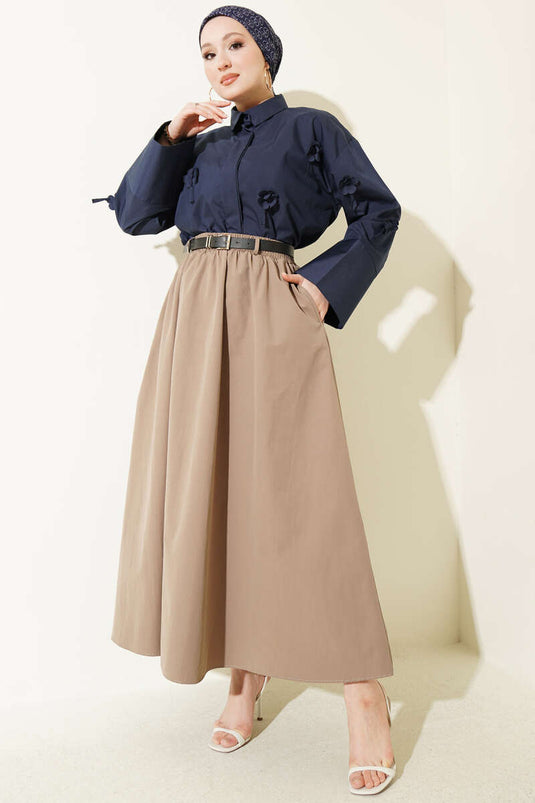 Jupe en popeline avec ceinture élastique beige taupe