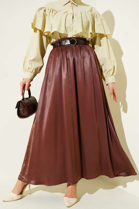 Gonna di raso con cintura elastica marrone