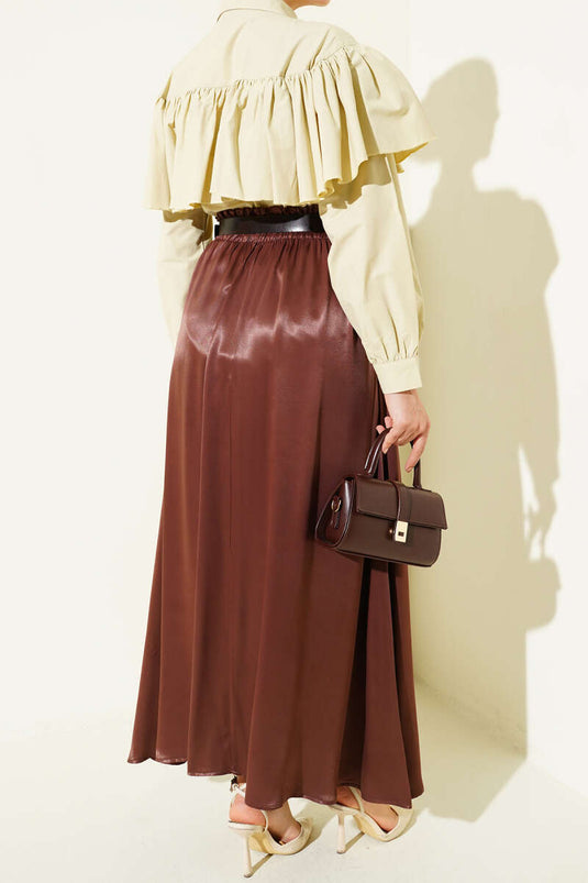 Brown Satin Skirt with Elastic Waistband and Belt