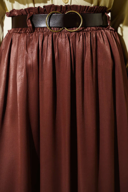 Gonna di raso con cintura elastica marrone