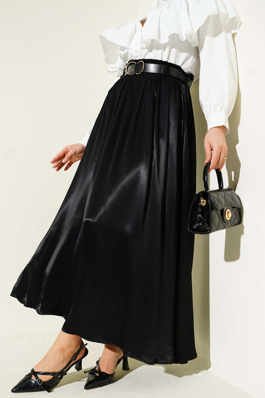 Gonna di raso nera con cintura elastica larga