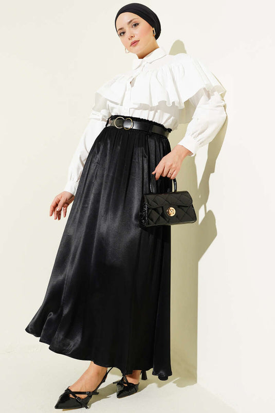 Satin Skirt with Elastic Waistband and Belt Black
